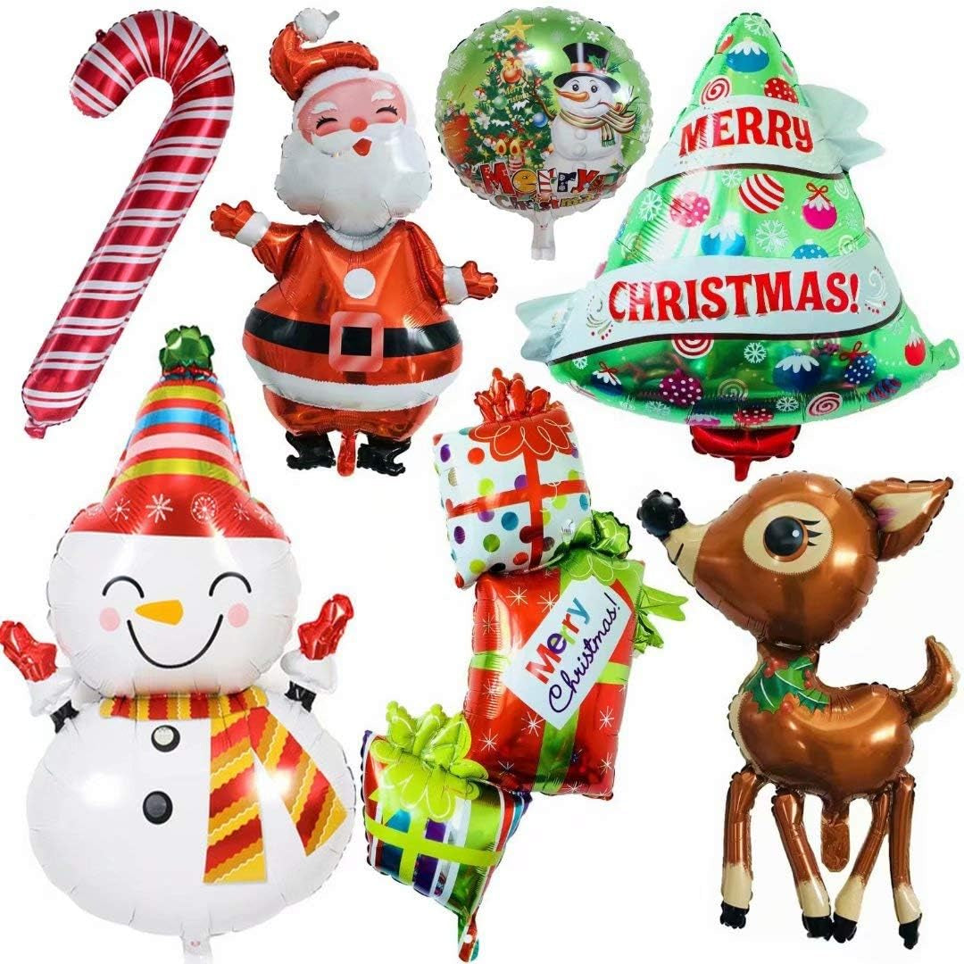 Christmas Decor Balloons, Giant 7Pcs Mylar Foil Balloon Set, Santa Claus, Elk, Snowman, Reindeer, Candy Cane, Tree, Xmas Party Supplies