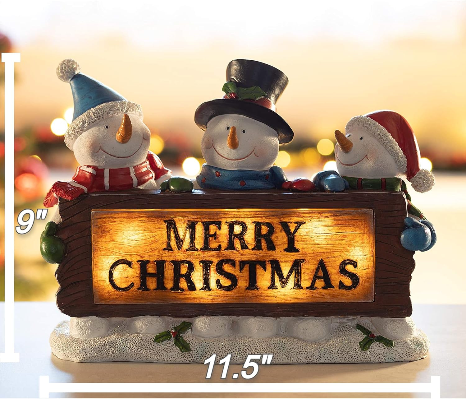 Christmas Snowman Decor Lighted Resin Figurines - Indoor LED Lamp Post Glowing Merry Christmas Wood Trio - Festive Holiday Decoration, Battery Operated, Fiber Optic Accents - 11.5X3X9 Inches