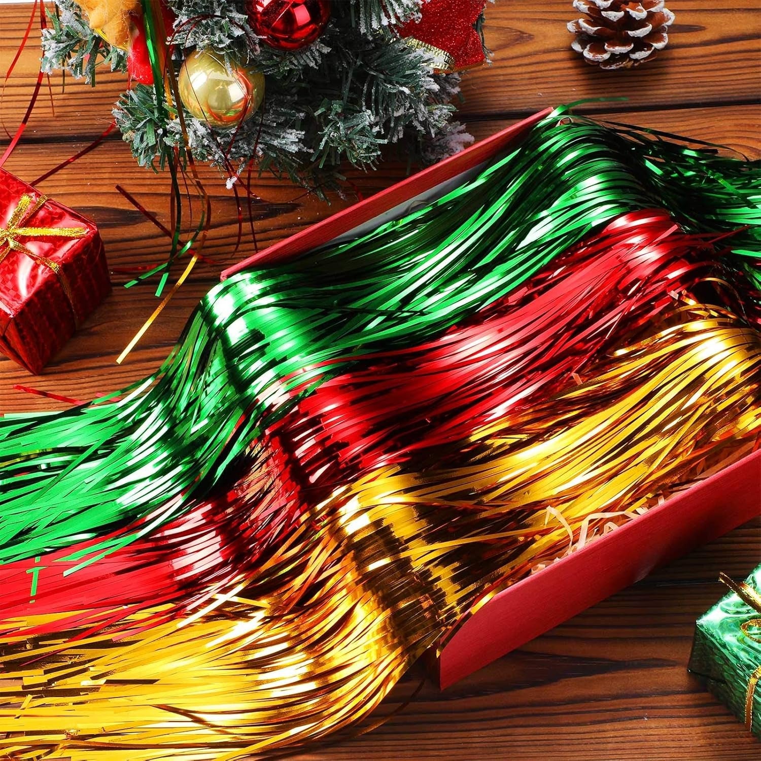 Christmas Icicles Decorations - 18 Inch Shimmer Tinsel Foil Fringes with Iridescent Icicles (Red, Gold, Green, 6000 Strands) for Xmas Holiday