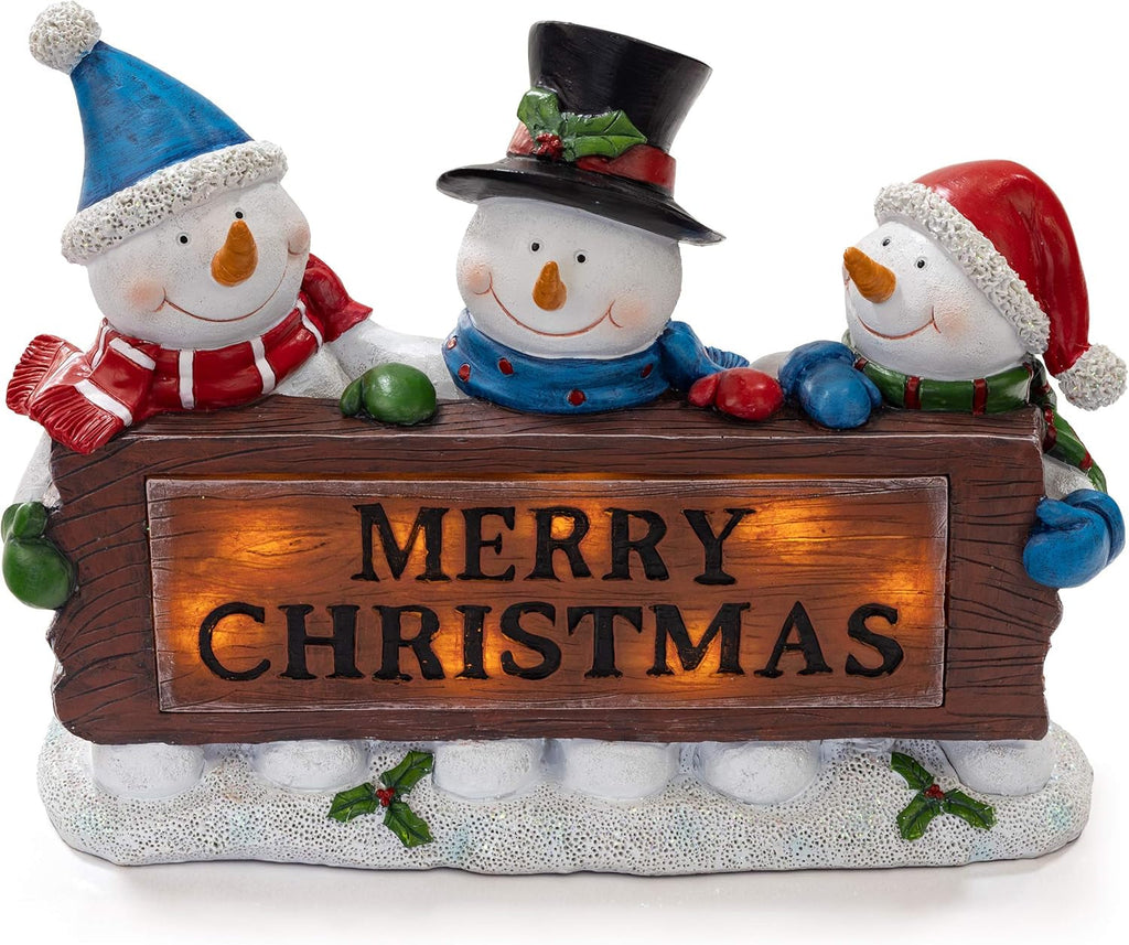 Christmas Snowman Decor Lighted Resin Figurines - Indoor LED Lamp Post Glowing Merry Christmas Wood Trio - Festive Holiday Decoration, Battery Operated, Fiber Optic Accents - 11.5X3X9 Inches