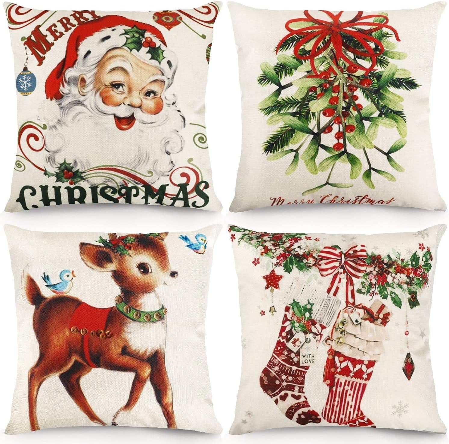Christmas Pillow Covers 20X20 Set of 4 Christmas Decoration, Vintage Farmhouse Christmas Throw Pillowcase for Couch Sofa Home Decor