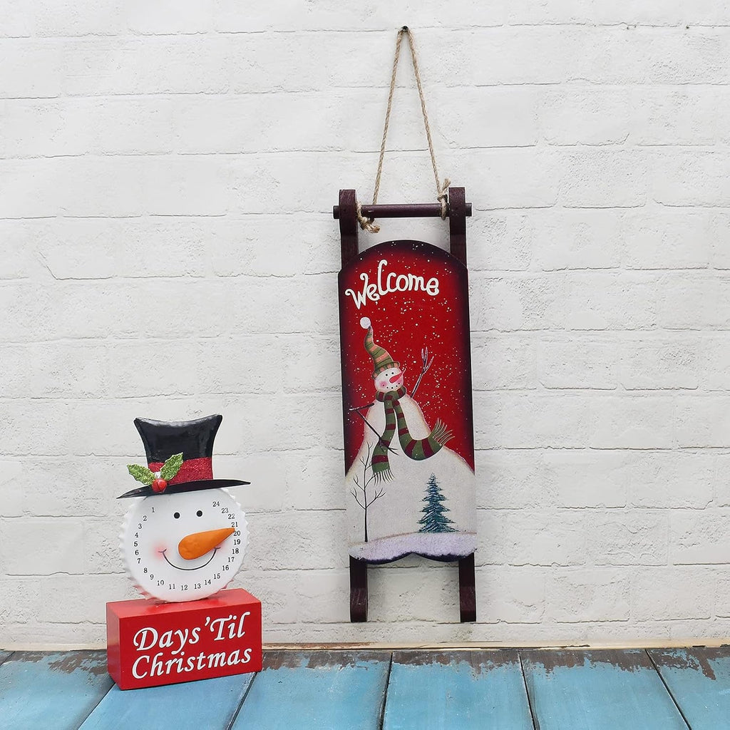 Wooden Christmas Sleigh Sign Decorative Snowman Ornaments Hanging Sled 15.0X4.4 Inches Winter Holiday Merry Xmas Red Porch Home Decor (Welcome)