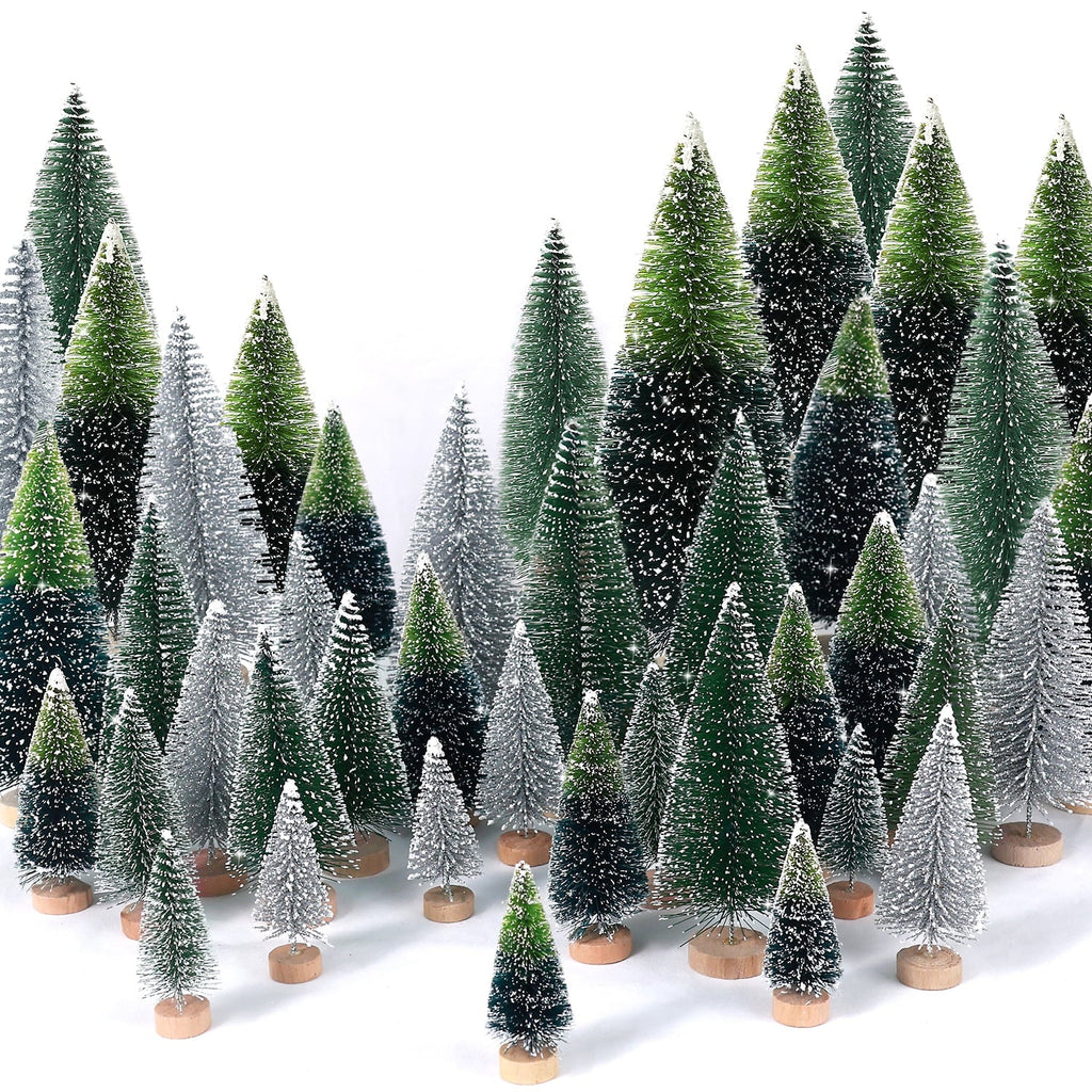 30PCS Artificial Mini Christmas Trees, Mini Pine Tree Sisal Trees with Wood Base Bottle Brush Trees for Christmas Table Top Decor Winter Crafts Ornaments