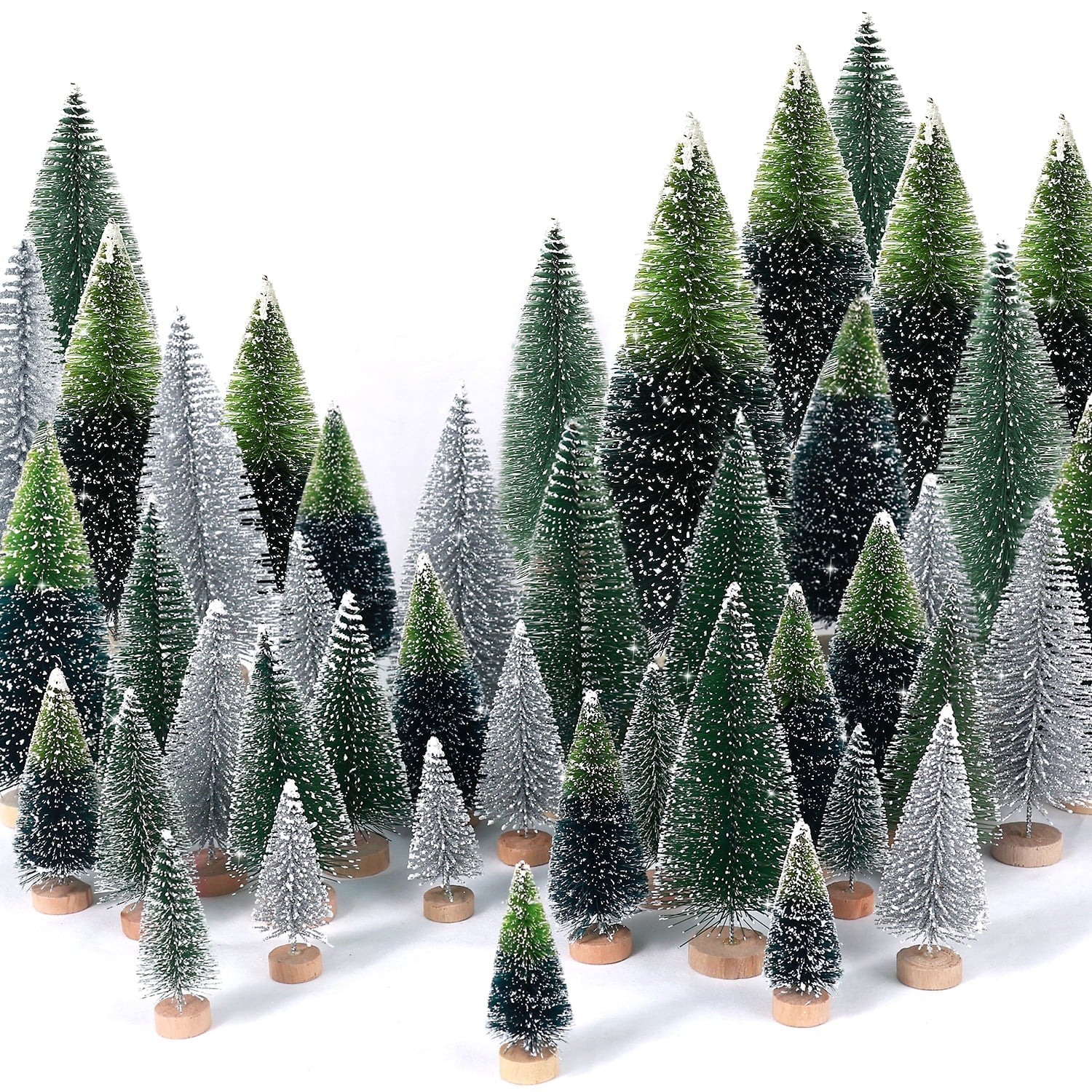 30PCS Artificial Mini Christmas Trees, Mini Pine Tree Sisal Trees with Wood Base Bottle Brush Trees for Christmas Table Top Decor Winter Crafts Ornaments