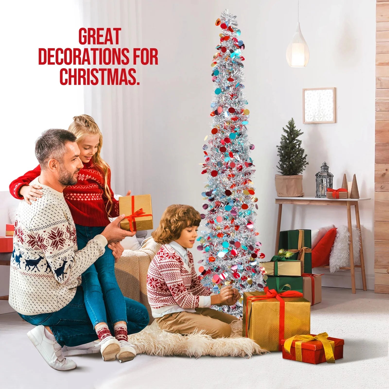 5Ft Pop up Tree Christmas Tree,Color Artificial Pencil Tinsel Xmas Trees for Christmas Indoor Decorations Mothers Day Decorations, Collapsible Christmas Tree (Silver)