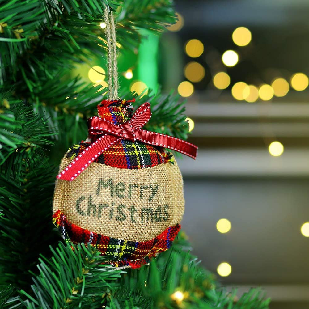 Rustic Christmas Tree Ornaments, Country Farmhouse Decorations, Burlap with Trendy Red and Green Plaid Tartan for Holiday Party Decor - 8PCS