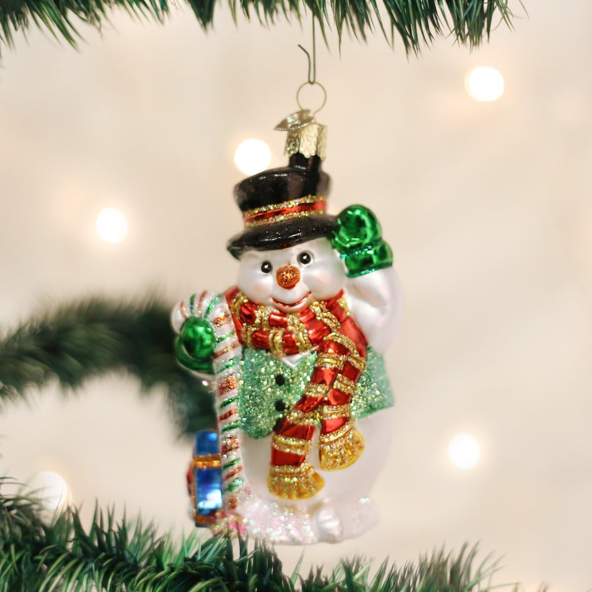 Ornaments: Snowman Assortment Glass Blown Ornaments for Christmas Tree, Candy Cane Snowman, Red (24068)