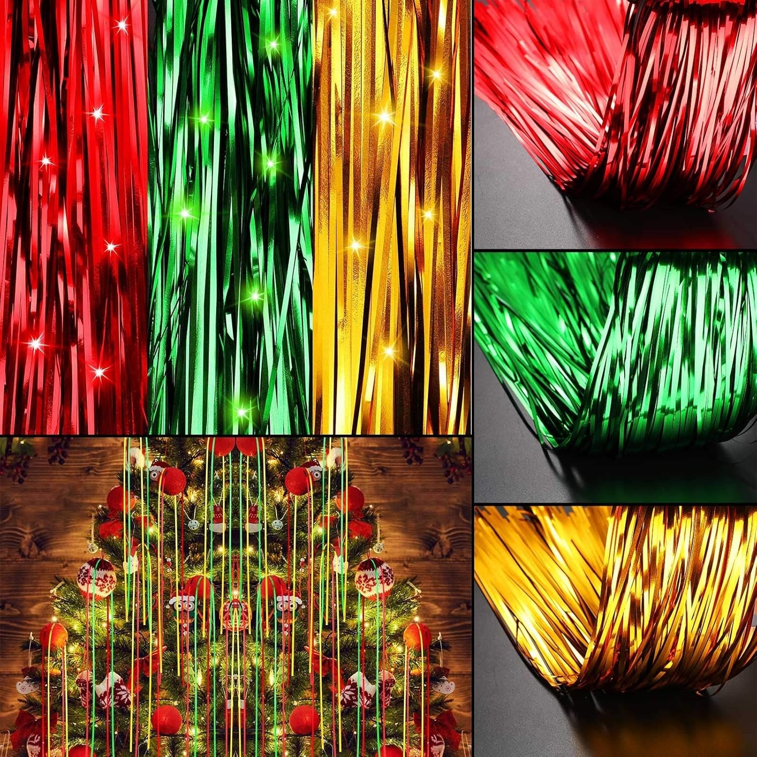 Christmas Icicles Decorations - 18 Inch Shimmer Tinsel Foil Fringes with Iridescent Icicles (Red, Gold, Green, 6000 Strands) for Xmas Holiday