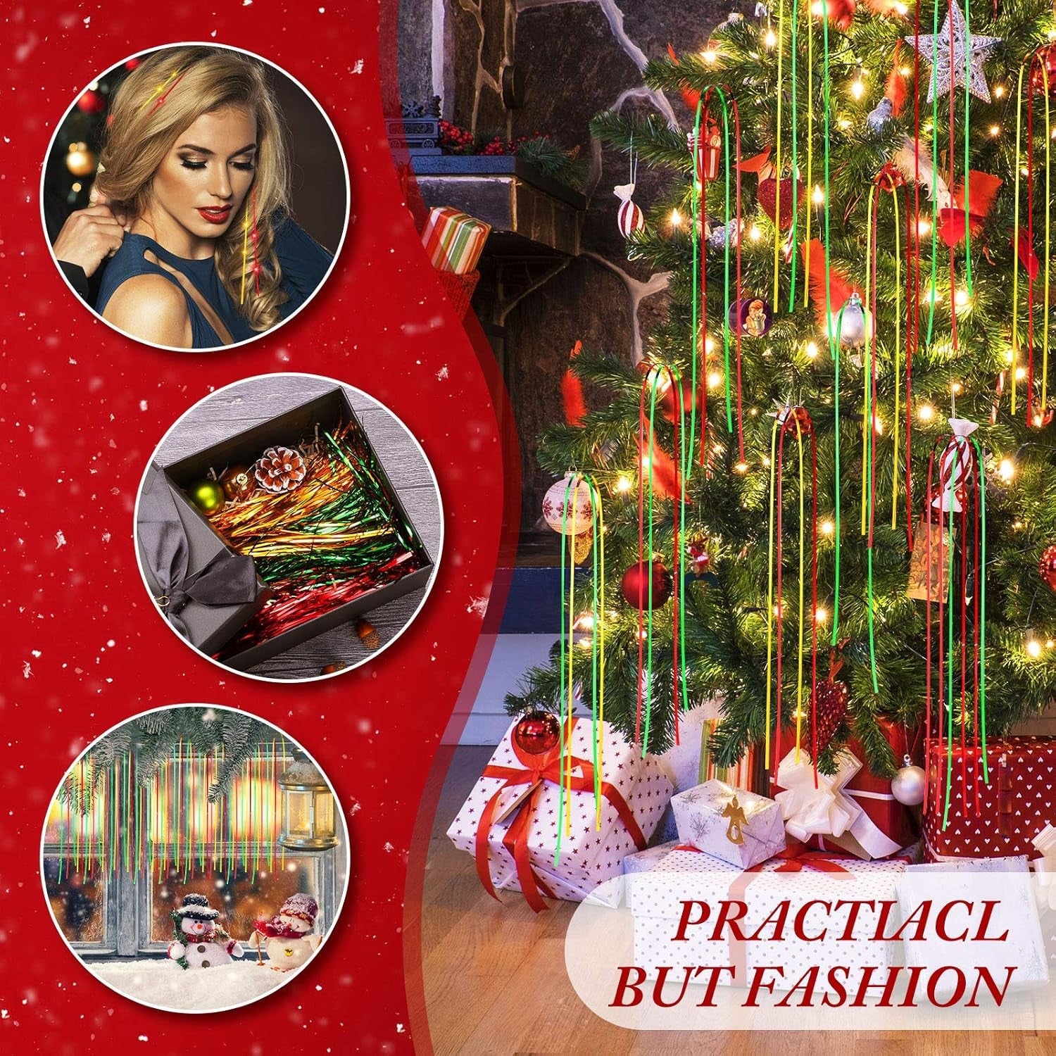 Christmas Icicles Decorations - 18 Inch Shimmer Tinsel Foil Fringes with Iridescent Icicles (Red, Gold, Green, 6000 Strands) for Xmas Holiday