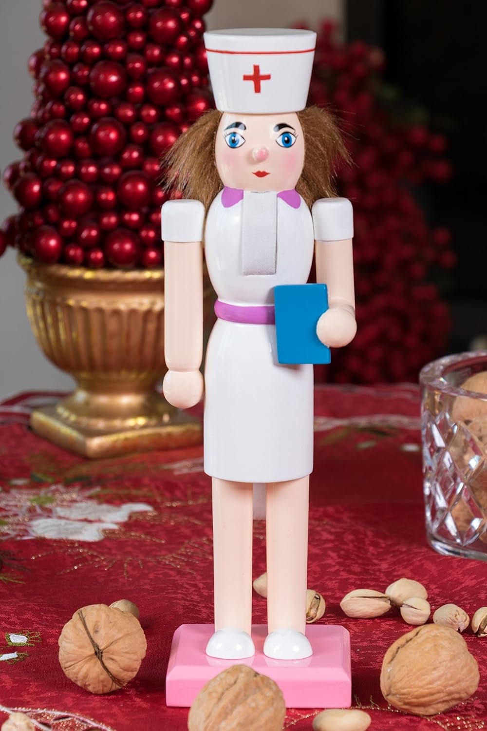 Nurse 10 Inch Traditional Wooden Nutcracker, Festive Christmas Décor for Shelves and Tables
