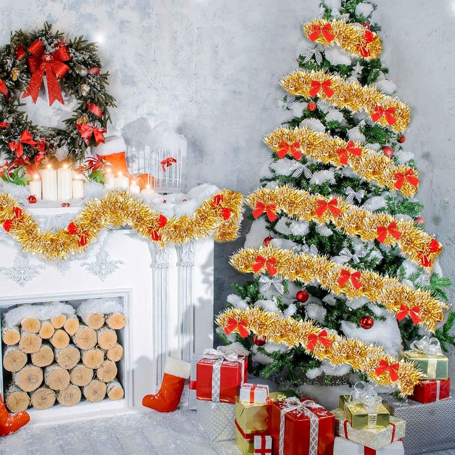 6 Pieces 39.4 Ft Christmas Tinsel Garland with Red Bows Fluffy Tinsel Garland Soft Glitter Decorations Vintage Wreaths for Party Xmas Tree Decoration(Gold)