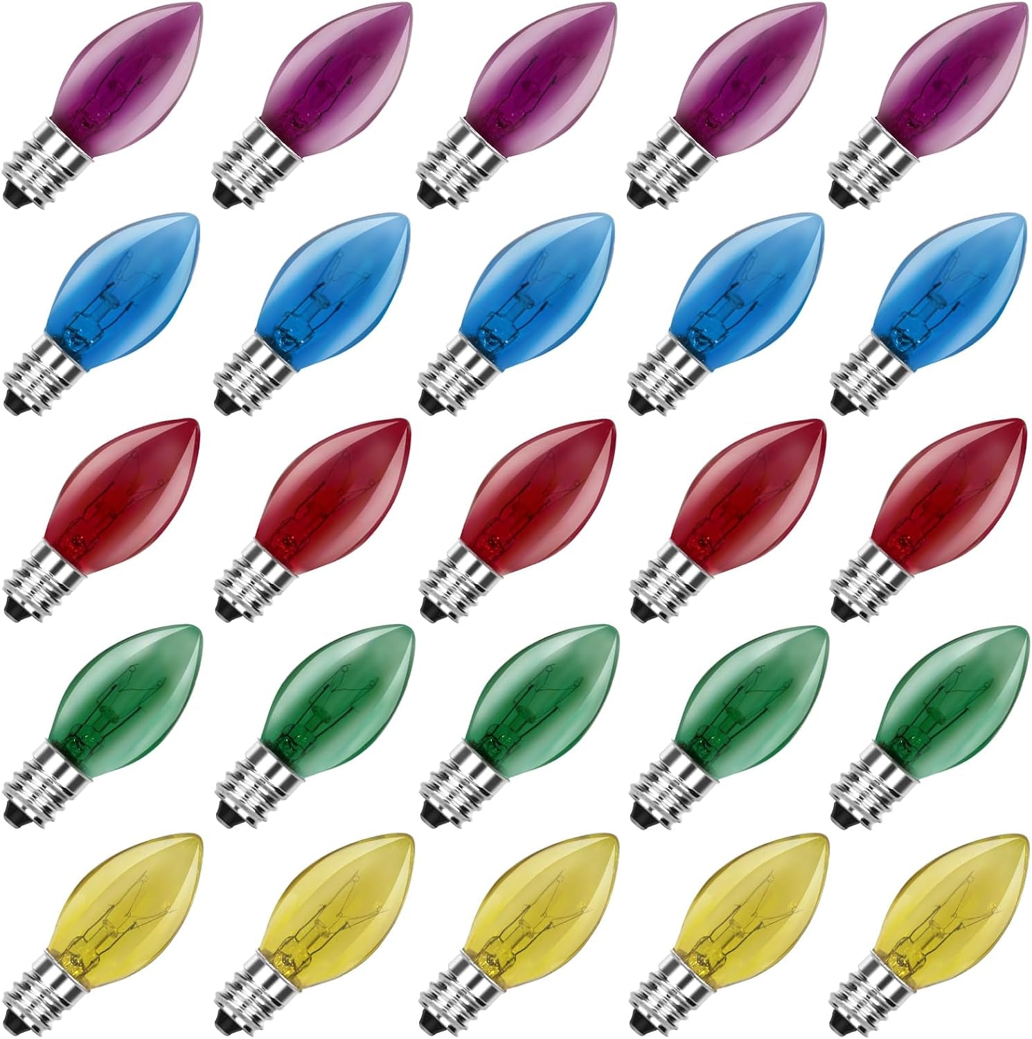 C7 Multicolor Christmas Replacement Bulbs, Clear Multicolor Incandescent Light Bulbs for C7 Outdoor Patio Christmas String Lights, E12 Candelabra Base, 5 Watt, 25 Pack