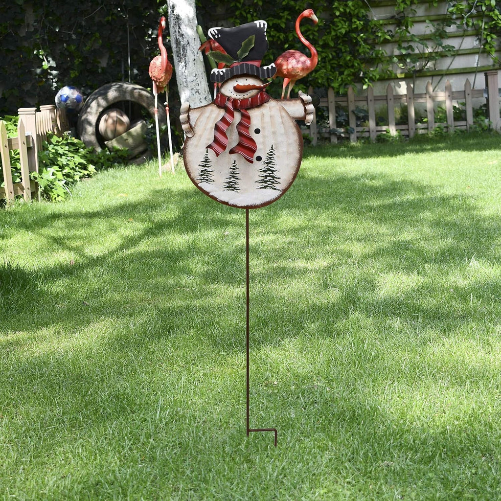 Christmas Snowman Decorative Garden Stake, Metal Snowman Yard Stake Outdoor Christmas Stake Decoration for Xmas Holiday Lawn Yard 38" H(Red Scarf)