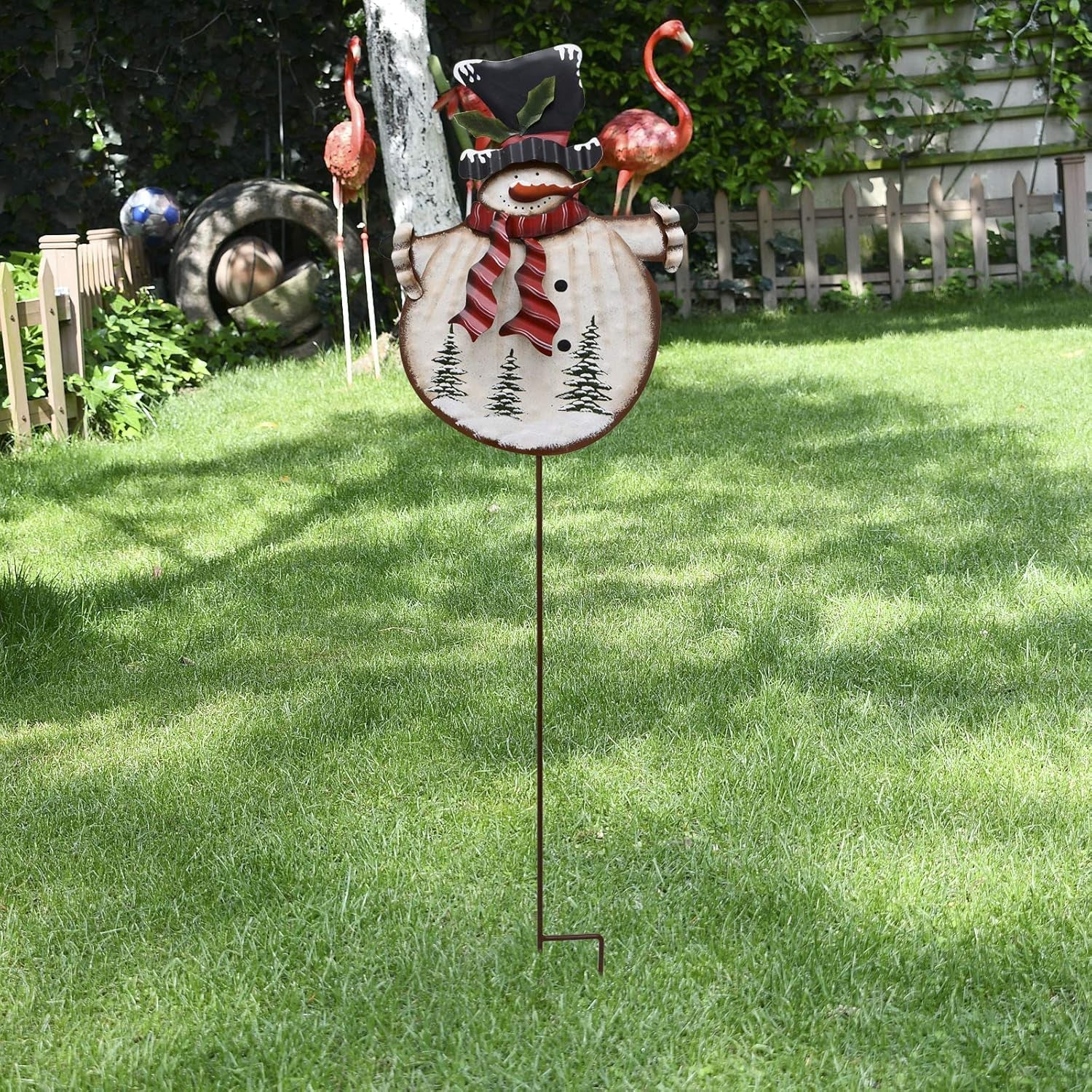 Christmas Snowman Decorative Garden Stake, Metal Snowman Yard Stake Outdoor Christmas Stake Decoration for Xmas Holiday Lawn Yard 38" H(Red Scarf)