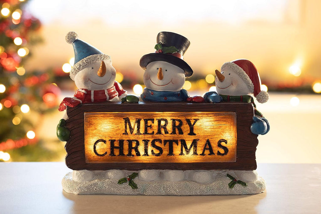 Christmas Snowman Decor Lighted Resin Figurines - Indoor LED Lamp Post Glowing Merry Christmas Wood Trio - Festive Holiday Decoration, Battery Operated, Fiber Optic Accents - 11.5X3X9 Inches