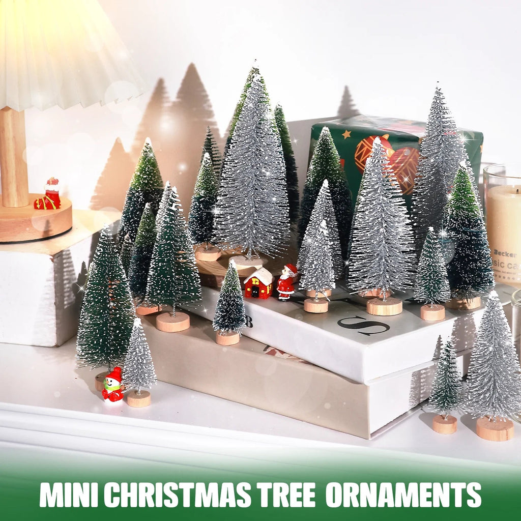 30PCS Artificial Mini Christmas Trees, Mini Pine Tree Sisal Trees with Wood Base Bottle Brush Trees for Christmas Table Top Decor Winter Crafts Ornaments