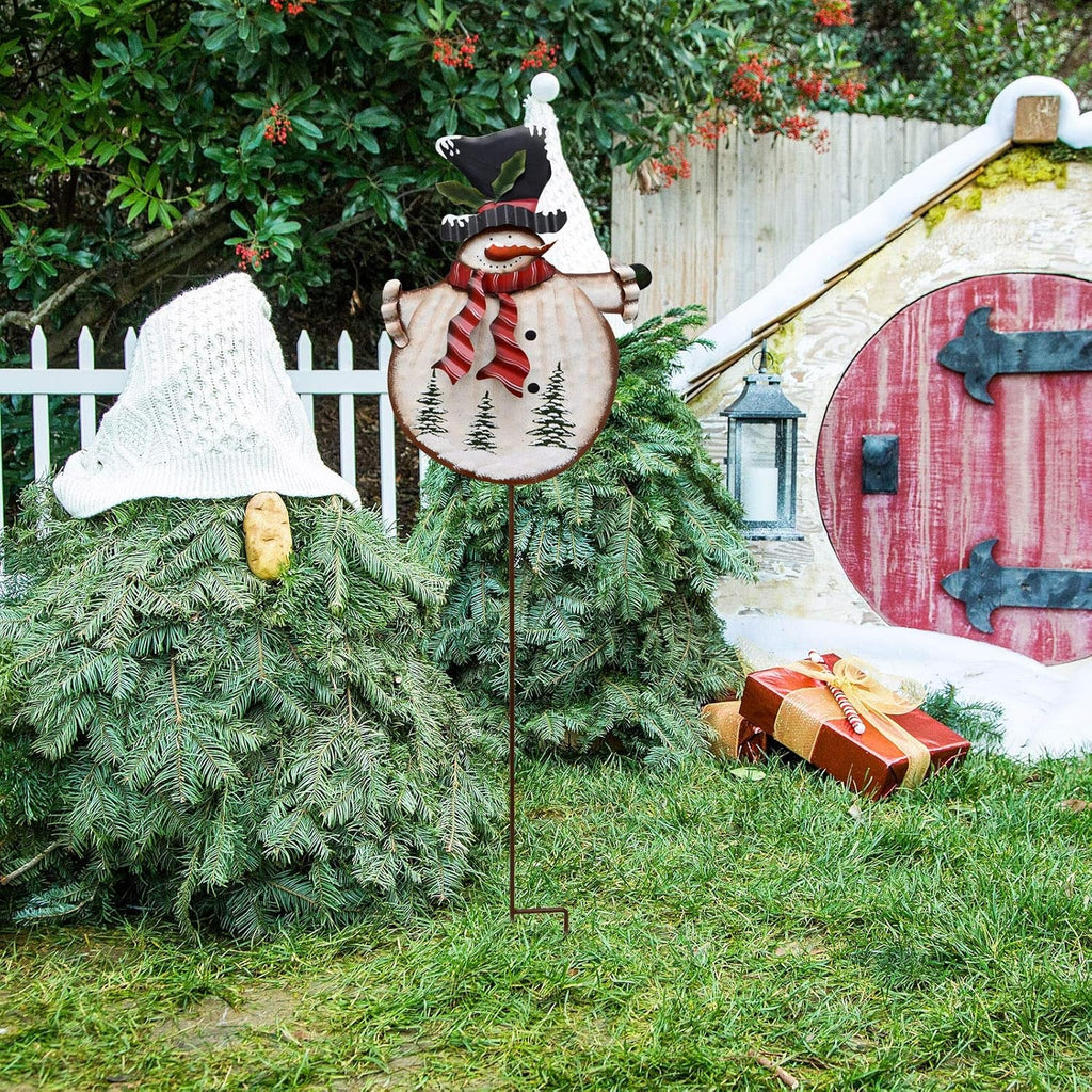 Christmas Snowman Decorative Garden Stake, Metal Snowman Yard Stake Outdoor Christmas Stake Decoration for Xmas Holiday Lawn Yard 38" H(Red Scarf)