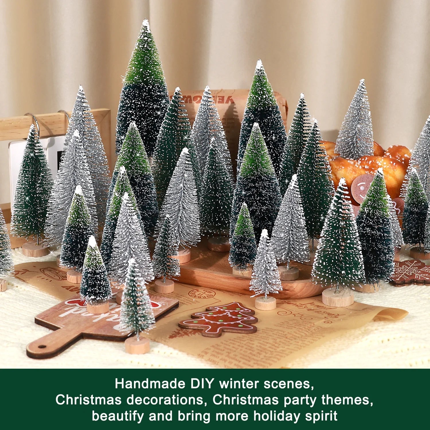 30PCS Artificial Mini Christmas Trees, Mini Pine Tree Sisal Trees with Wood Base Bottle Brush Trees for Christmas Table Top Decor Winter Crafts Ornaments
