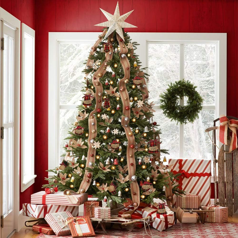 Rustic Christmas Tree Ornaments, Country Farmhouse Decorations, Burlap with Trendy Red and Green Plaid Tartan for Holiday Party Decor - 8PCS