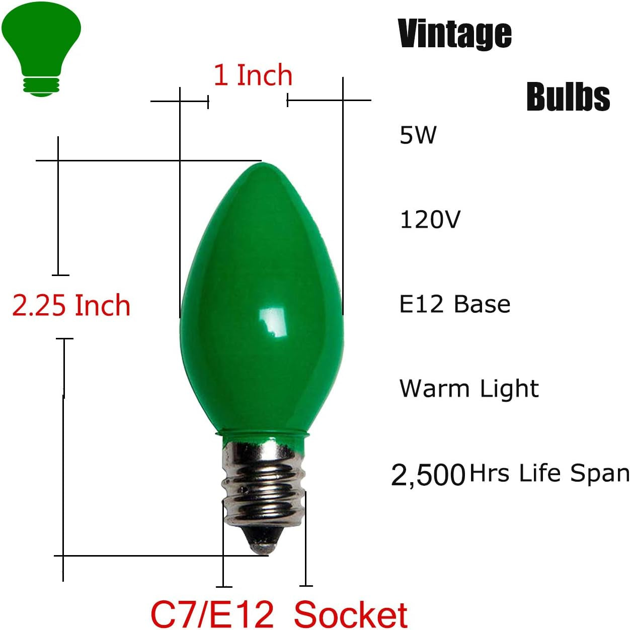 25 Pack C7 Multicolor Christmas Replacement Bulbs 5W Vintage Ceramic Light Bulbs C7/E12 Candelabra Base Fits C7 Christmas Ornament Indoor Outdoor String Lights
