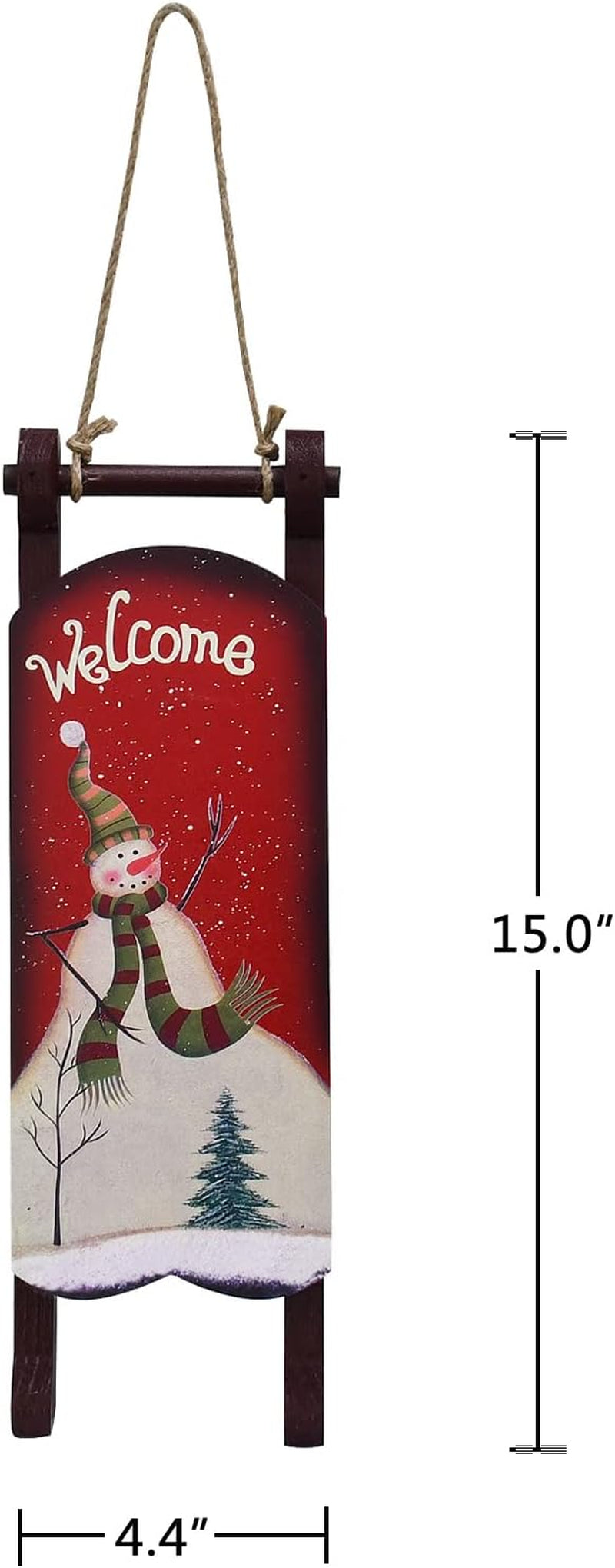 Wooden Christmas Sleigh Sign Decorative Snowman Ornaments Hanging Sled 15.0X4.4 Inches Winter Holiday Merry Xmas Red Porch Home Decor (Welcome)