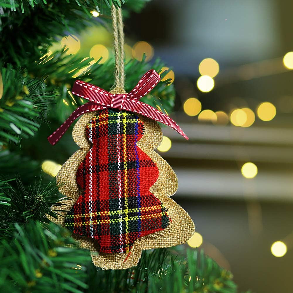 Rustic Christmas Tree Ornaments, Country Farmhouse Decorations, Burlap with Trendy Red and Green Plaid Tartan for Holiday Party Decor - 8PCS