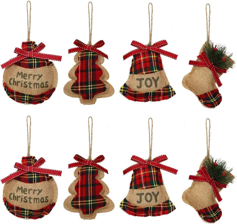 Rustic Christmas Tree Ornaments, Country Farmhouse Decorations, Burlap with Trendy Red and Green Plaid Tartan for Holiday Party Decor - 8PCS