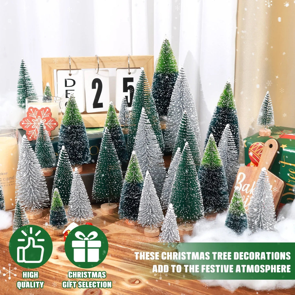 30PCS Artificial Mini Christmas Trees, Mini Pine Tree Sisal Trees with Wood Base Bottle Brush Trees for Christmas Table Top Decor Winter Crafts Ornaments