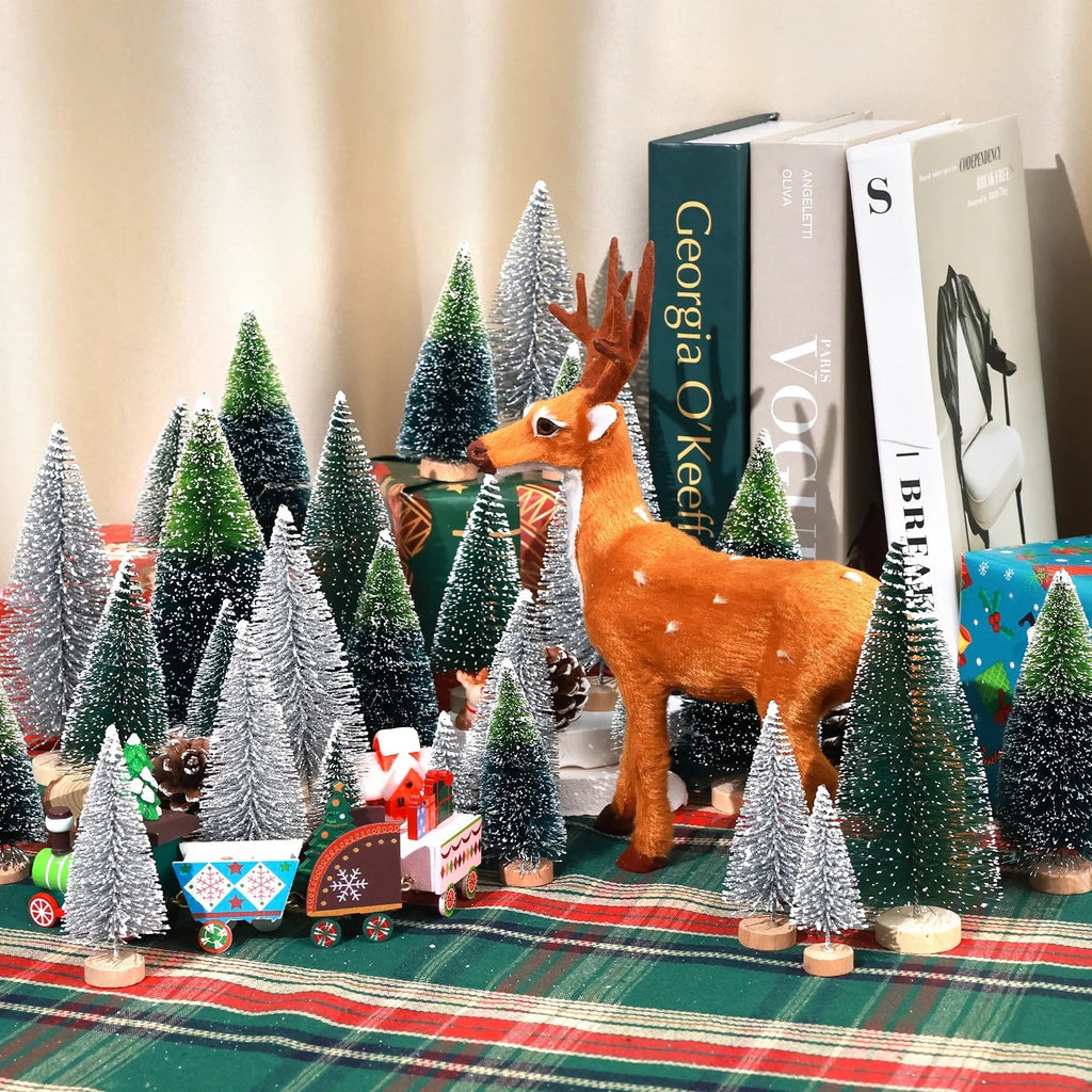 30PCS Artificial Mini Christmas Trees, Mini Pine Tree Sisal Trees with Wood Base Bottle Brush Trees for Christmas Table Top Decor Winter Crafts Ornaments