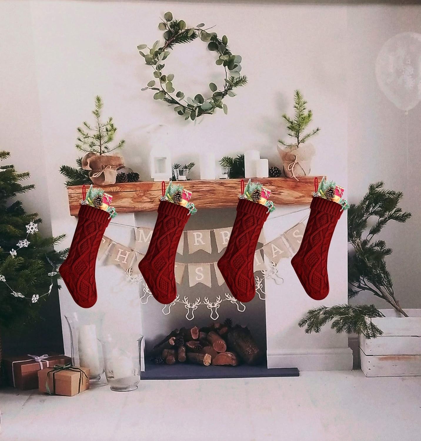 18" 4PCS Unique Burgundy Knit Christmas Stockings,Style2