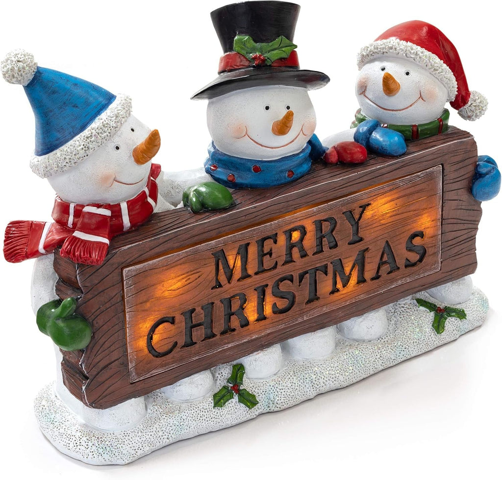 Christmas Snowman Decor Lighted Resin Figurines - Indoor LED Lamp Post Glowing Merry Christmas Wood Trio - Festive Holiday Decoration, Battery Operated, Fiber Optic Accents - 11.5X3X9 Inches