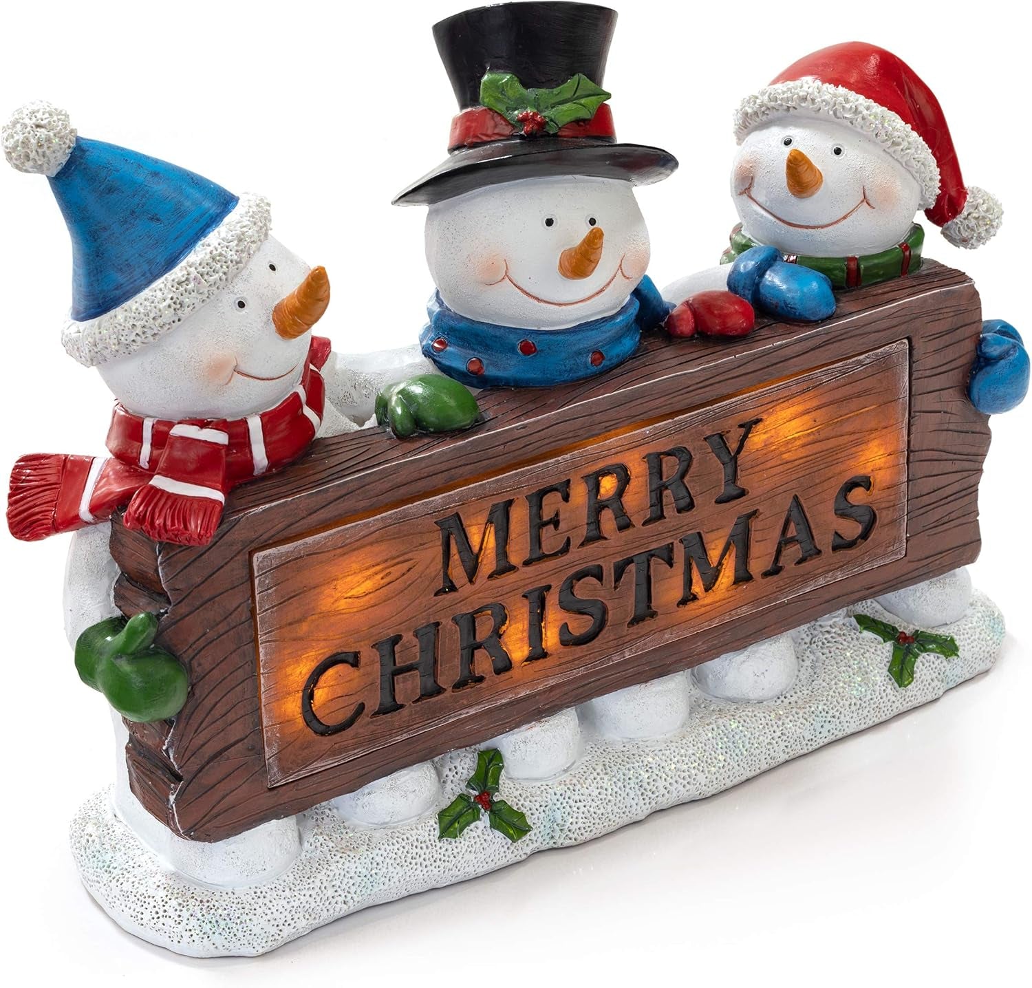Christmas Snowman Decor Lighted Resin Figurines - Indoor LED Lamp Post Glowing Merry Christmas Wood Trio - Festive Holiday Decoration, Battery Operated, Fiber Optic Accents - 11.5X3X9 Inches
