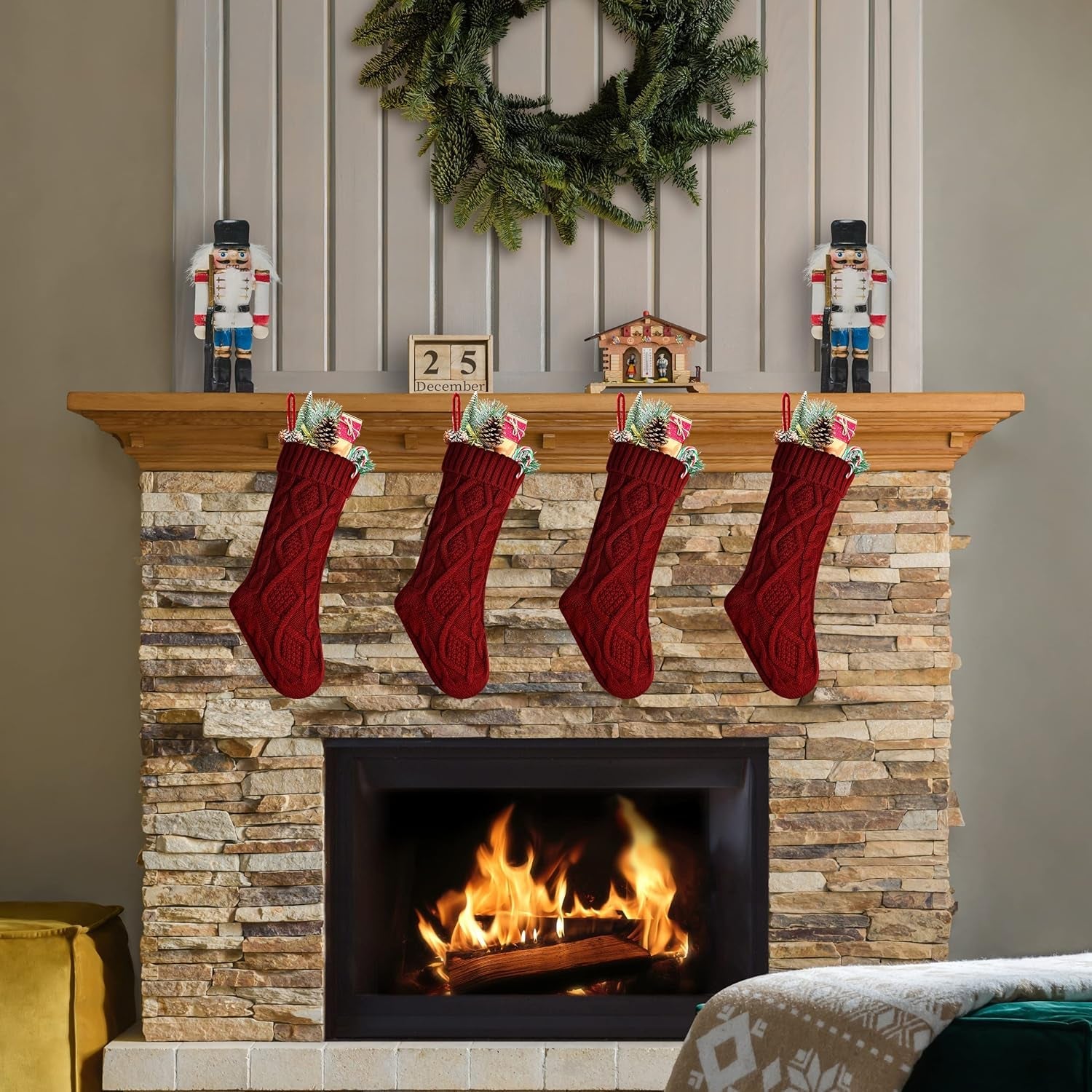 18" 4PCS Unique Burgundy Knit Christmas Stockings,Style2