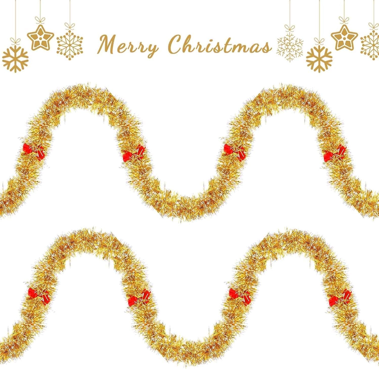 6 Pieces 39.4 Ft Christmas Tinsel Garland with Red Bows Fluffy Tinsel Garland Soft Glitter Decorations Vintage Wreaths for Party Xmas Tree Decoration(Gold)