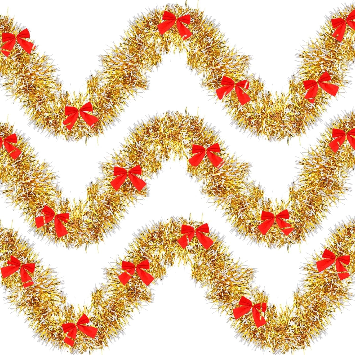 6 Pieces 39.4 Ft Christmas Tinsel Garland with Red Bows Fluffy Tinsel Garland Soft Glitter Decorations Vintage Wreaths for Party Xmas Tree Decoration(Gold)