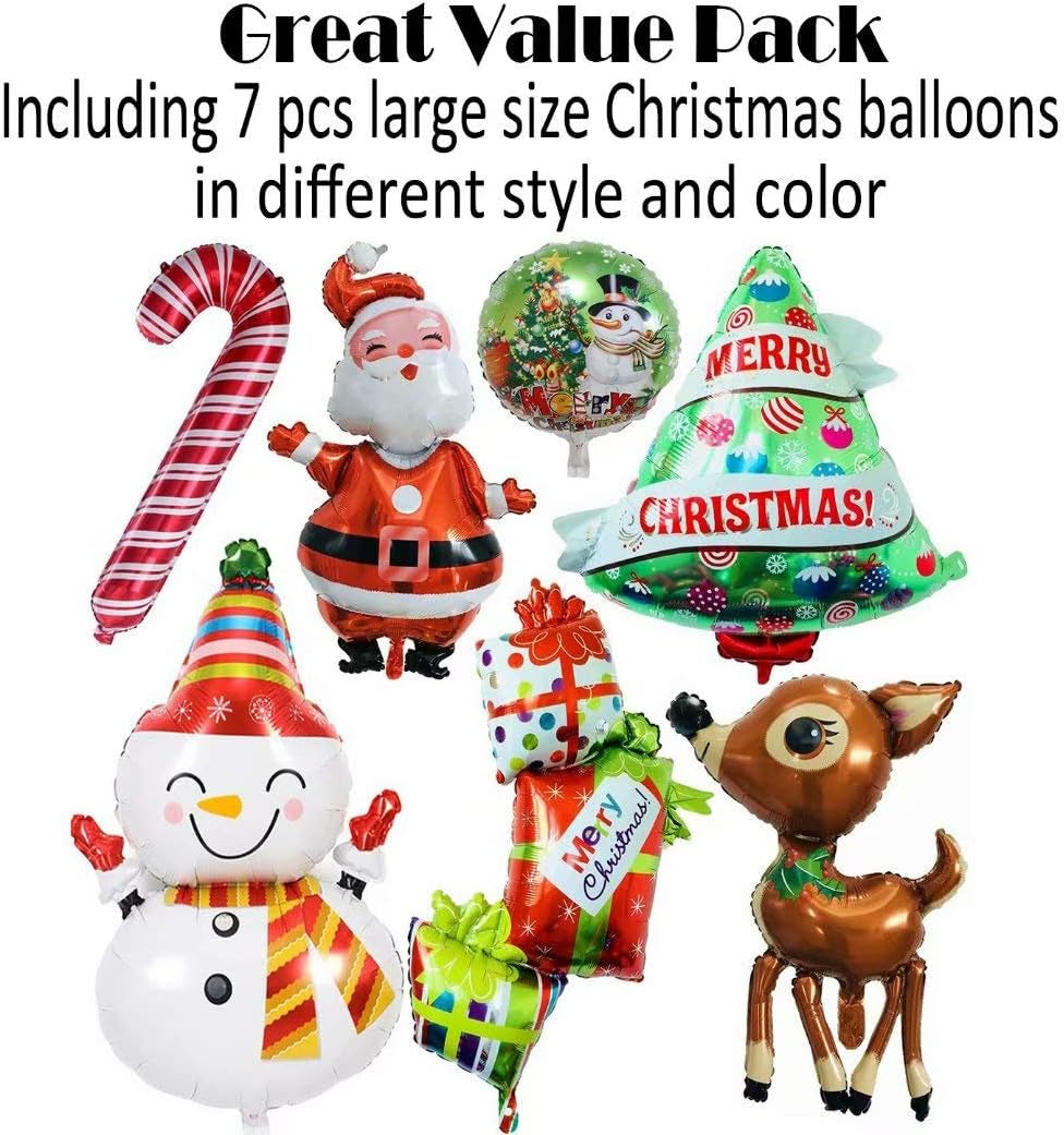 Christmas Decor Balloons, Giant 7Pcs Mylar Foil Balloon Set, Santa Claus, Elk, Snowman, Reindeer, Candy Cane, Tree, Xmas Party Supplies