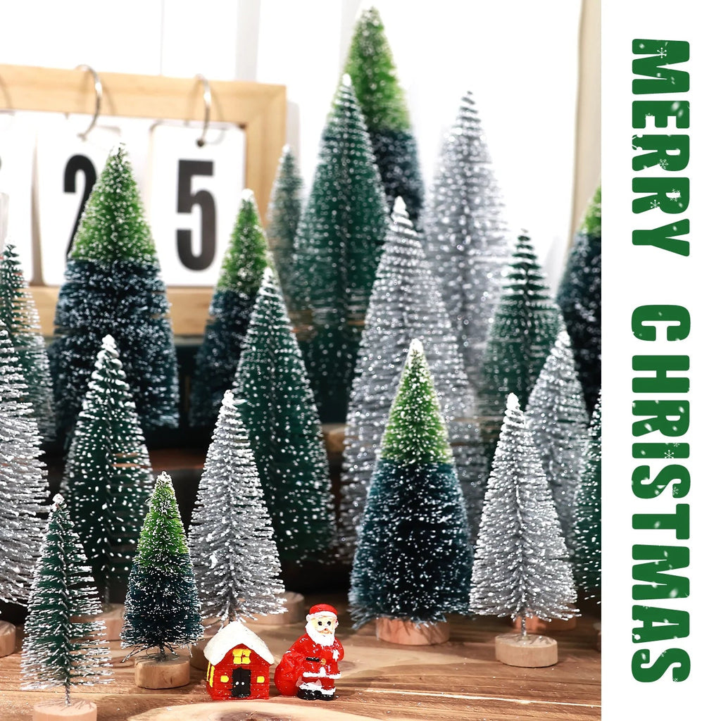 30PCS Artificial Mini Christmas Trees, Mini Pine Tree Sisal Trees with Wood Base Bottle Brush Trees for Christmas Table Top Decor Winter Crafts Ornaments