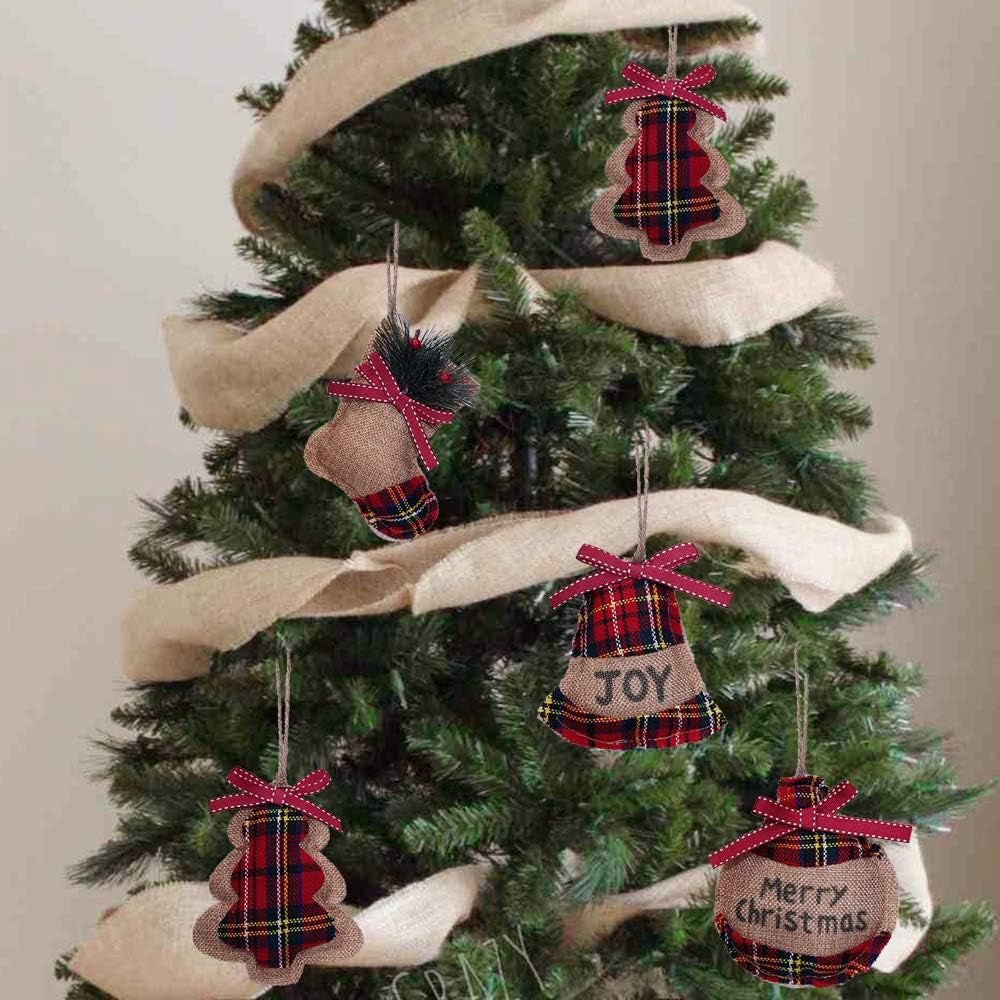 Rustic Christmas Tree Ornaments, Country Farmhouse Decorations, Burlap with Trendy Red and Green Plaid Tartan for Holiday Party Decor - 8PCS