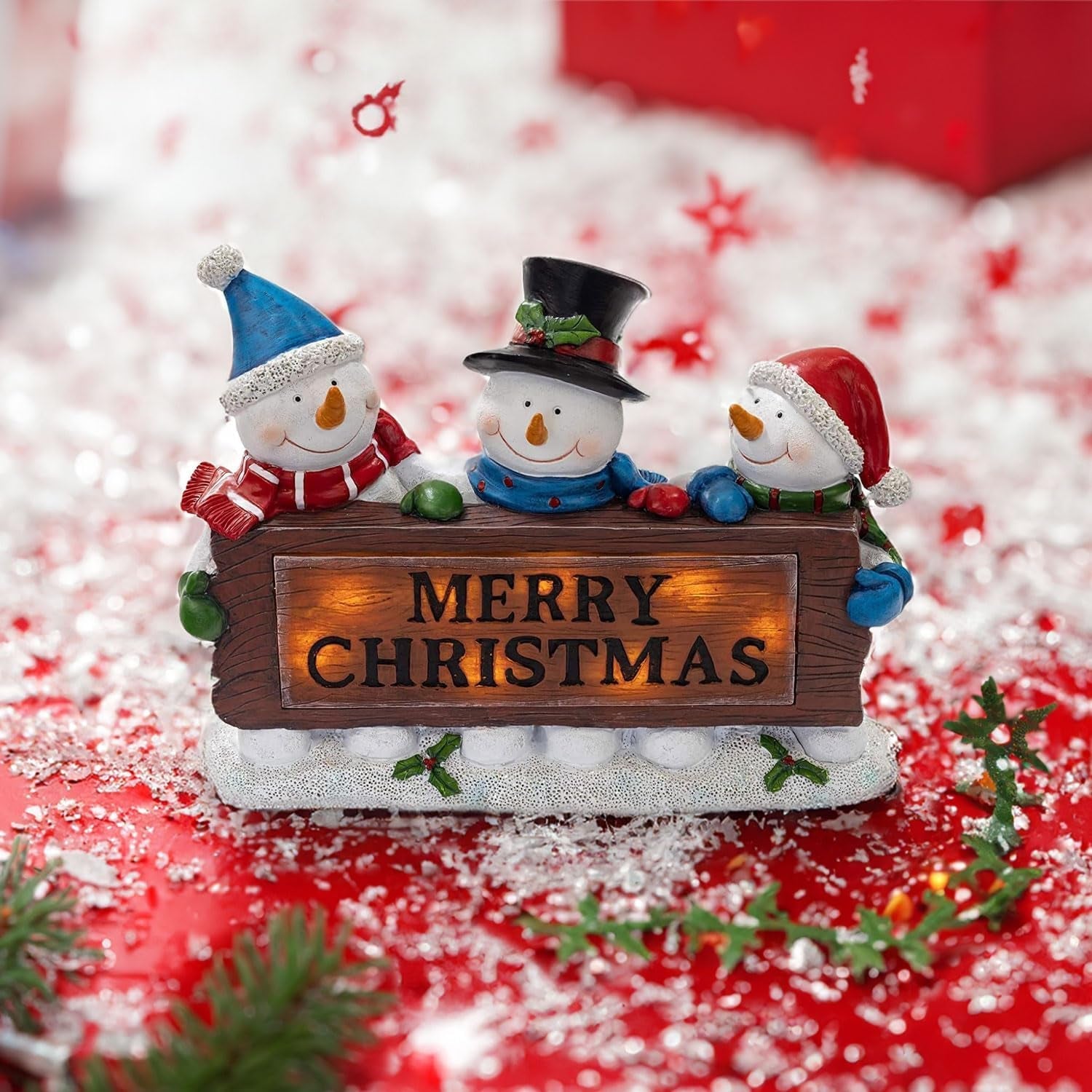 Christmas Snowman Decor Lighted Resin Figurines - Indoor LED Lamp Post Glowing Merry Christmas Wood Trio - Festive Holiday Decoration, Battery Operated, Fiber Optic Accents - 11.5X3X9 Inches