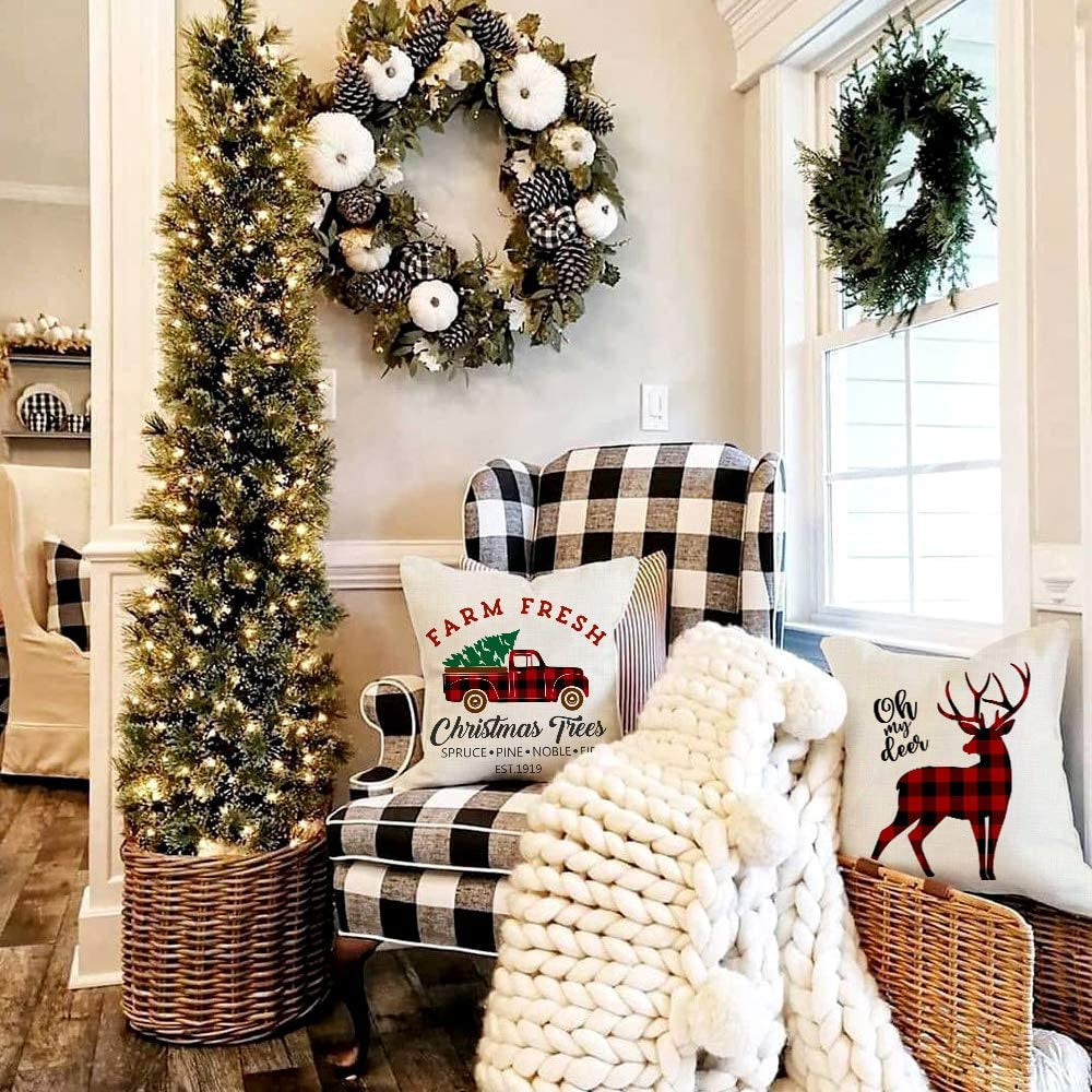 AENEY Buffalo Plaid Christmas Pillow Covers 20X20 Set of 4 Christmas Pillows Xmas Winter Holiday Throw Pillows Deer Farmhouse Christmas Decor Red Truck Christmas Decorations for Couch A265-20