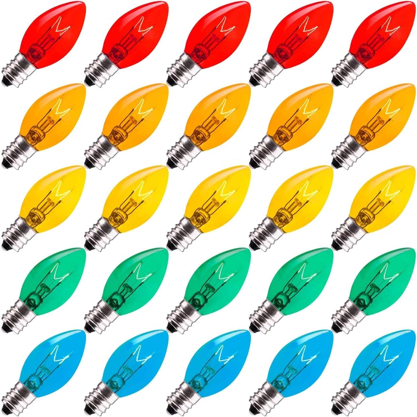 C7 Replacement Light Bulbs, 25 Pack Transparent Blubs for Outdoor String Lights, Multicolor, E12 Candelabra Vintage Christmas Bulbs