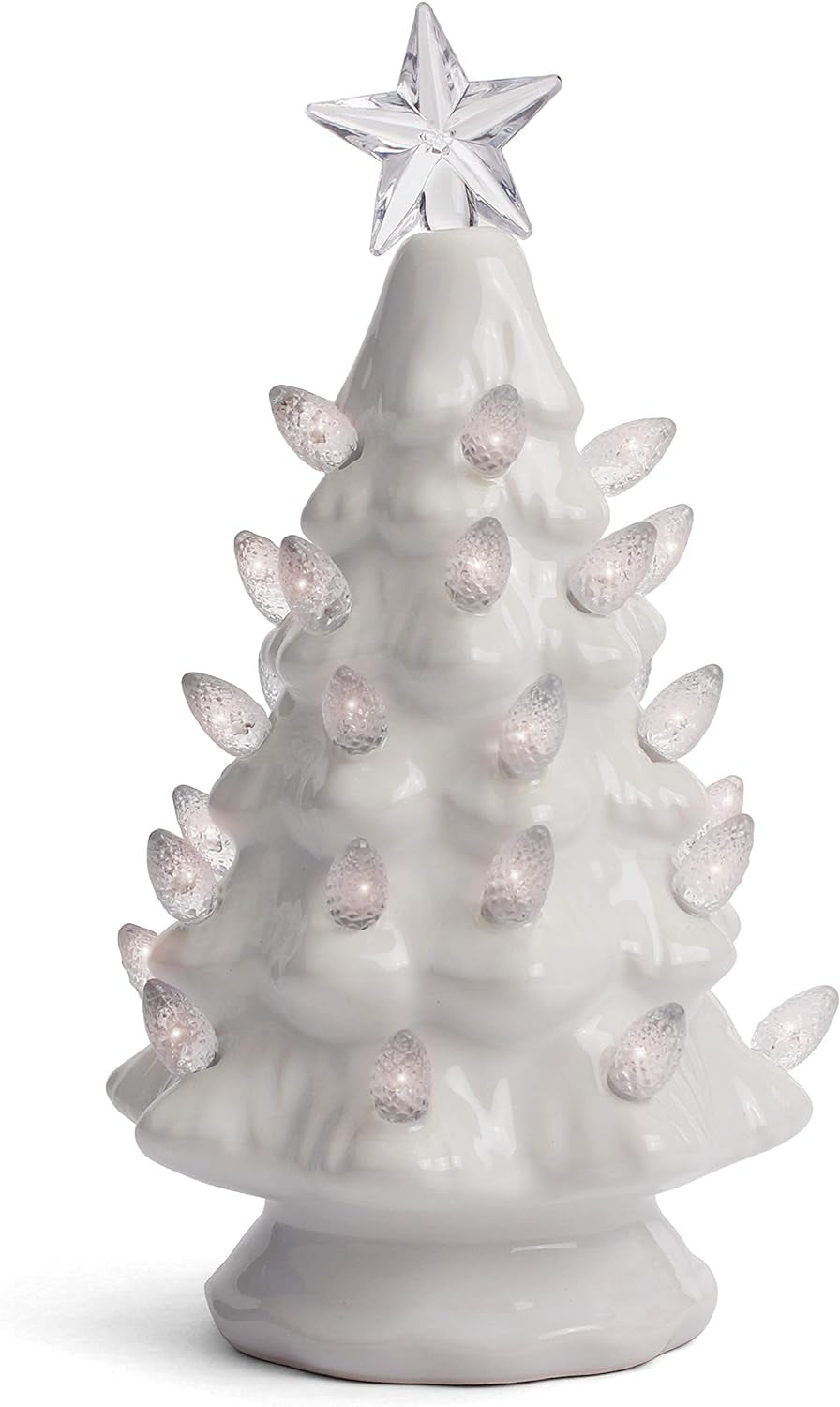 Ceramic Christmas Tree with Lights - Vintage White (Small, 6.75 Inch)