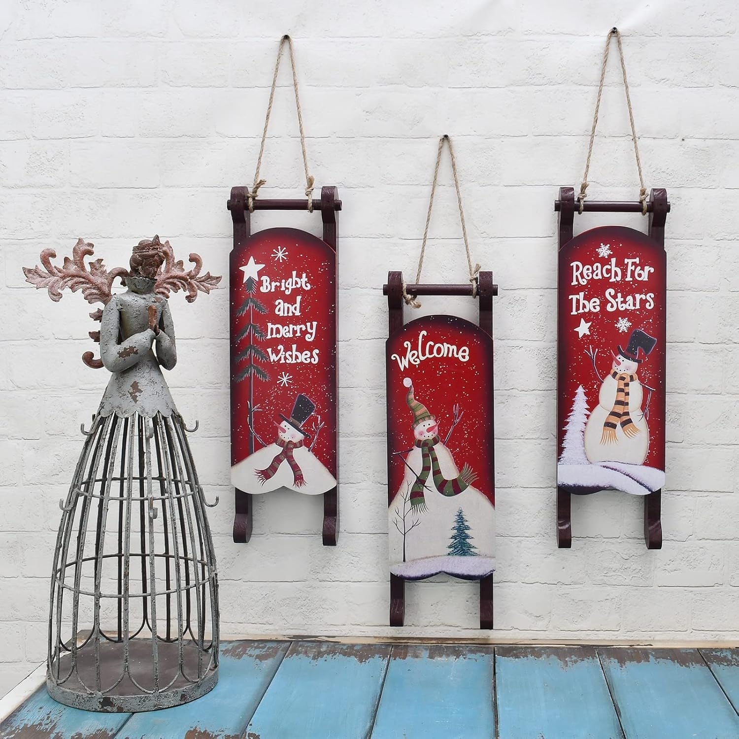 Wooden Christmas Sleigh Sign Decorative Snowman Ornaments Hanging Sled 15.0X4.4 Inches Winter Holiday Merry Xmas Red Porch Home Decor (Welcome)