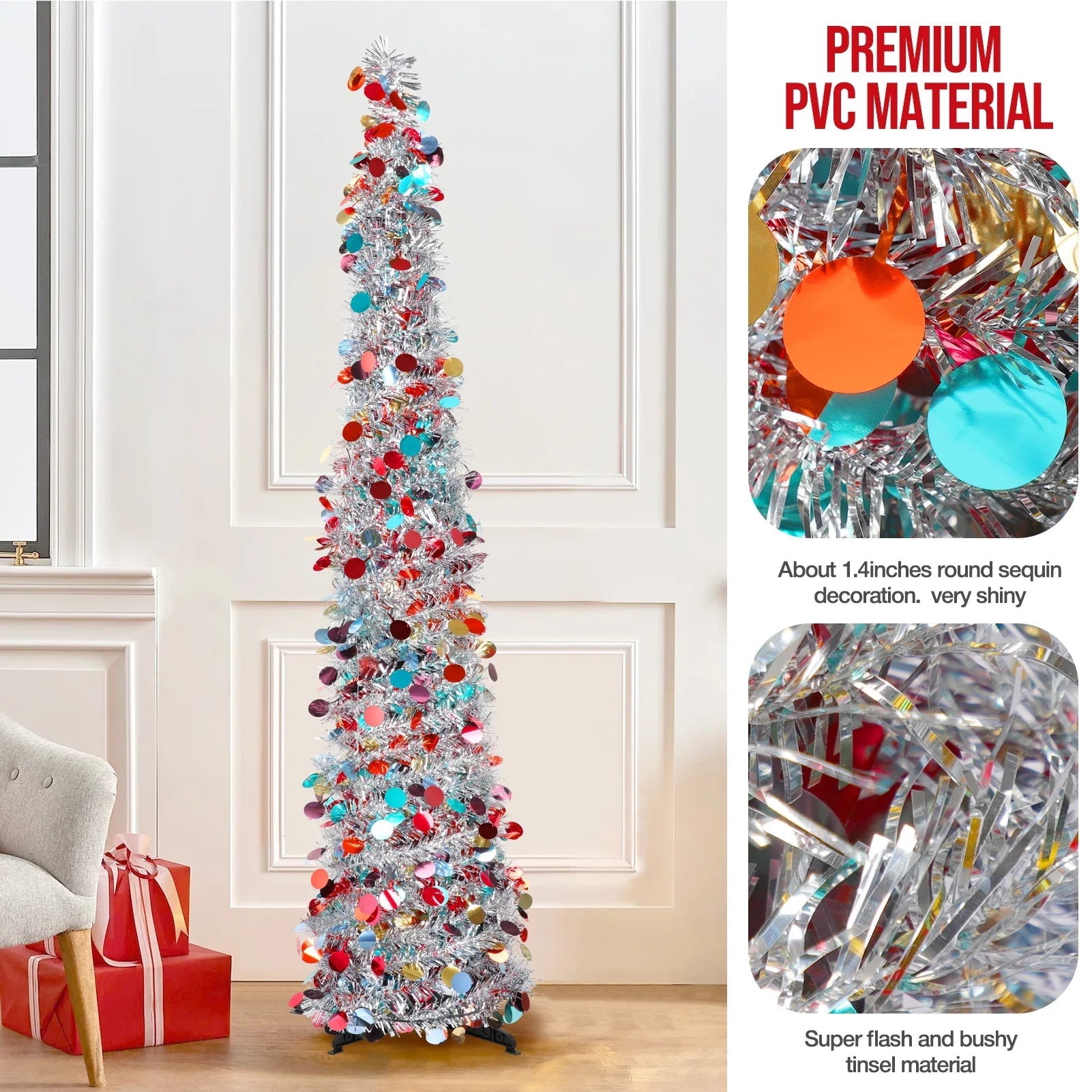 5Ft Pop up Tree Christmas Tree,Color Artificial Pencil Tinsel Xmas Trees for Christmas Indoor Decorations Mothers Day Decorations, Collapsible Christmas Tree (Silver)