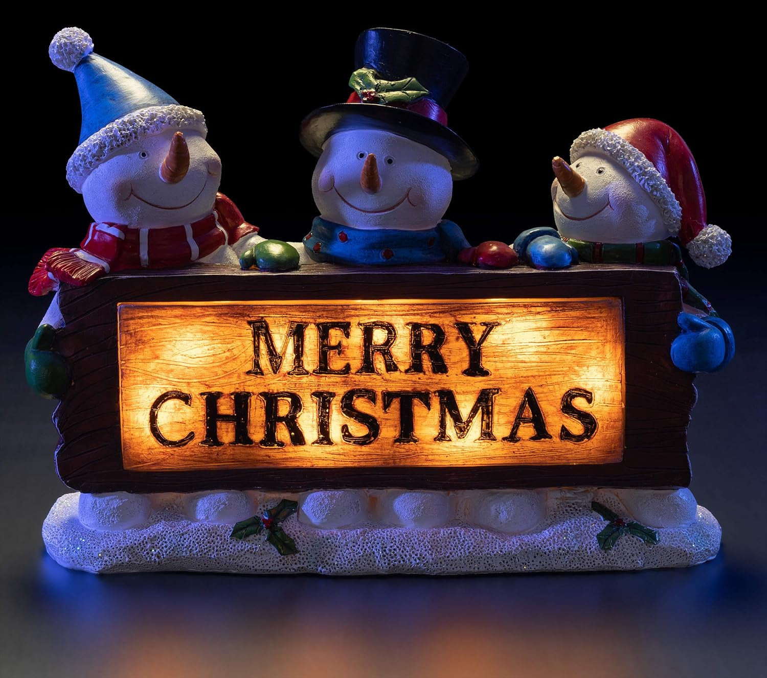 Christmas Snowman Decor Lighted Resin Figurines - Indoor LED Lamp Post Glowing Merry Christmas Wood Trio - Festive Holiday Decoration, Battery Operated, Fiber Optic Accents - 11.5X3X9 Inches