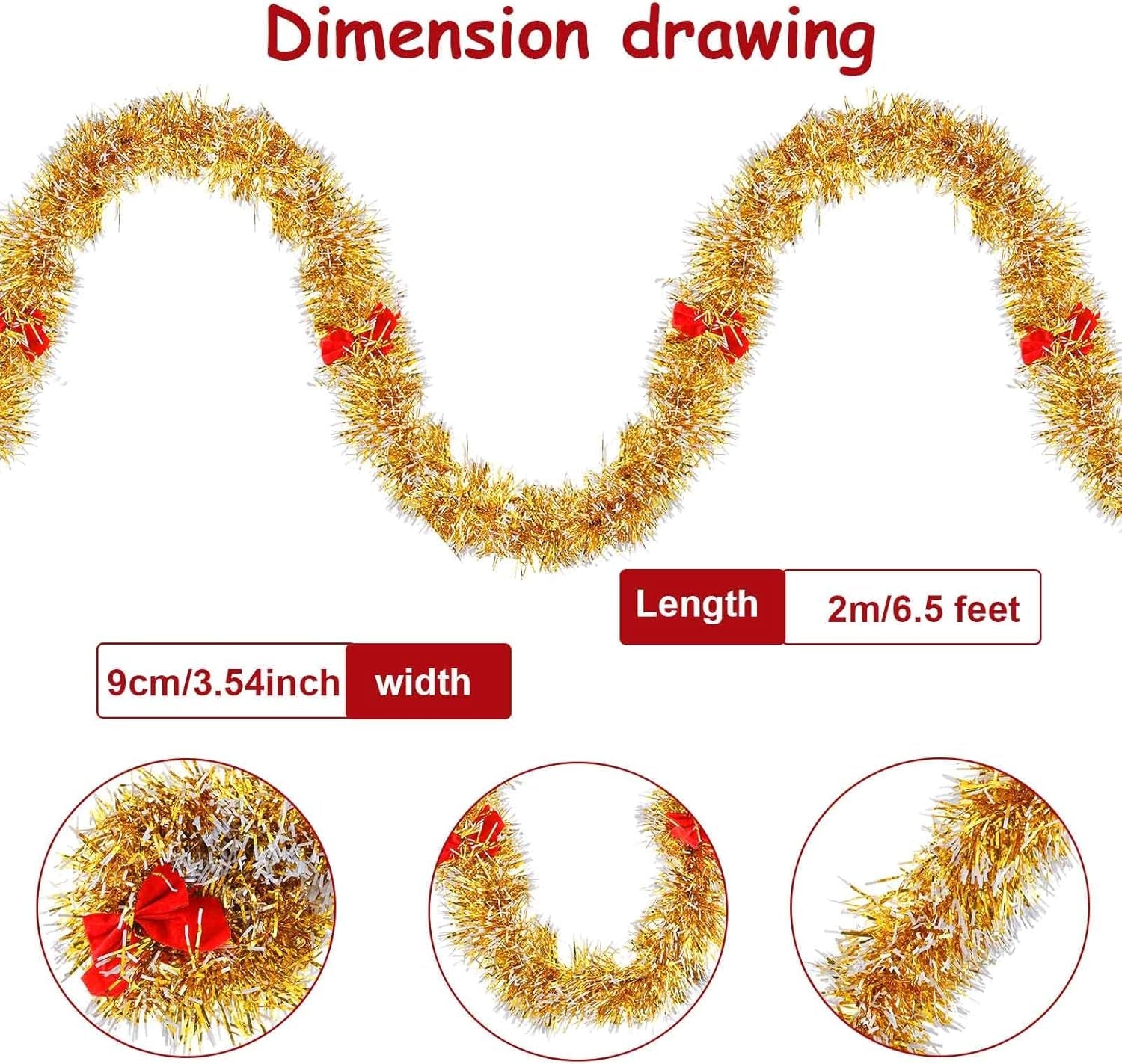 6 Pieces 39.4 Ft Christmas Tinsel Garland with Red Bows Fluffy Tinsel Garland Soft Glitter Decorations Vintage Wreaths for Party Xmas Tree Decoration(Gold)